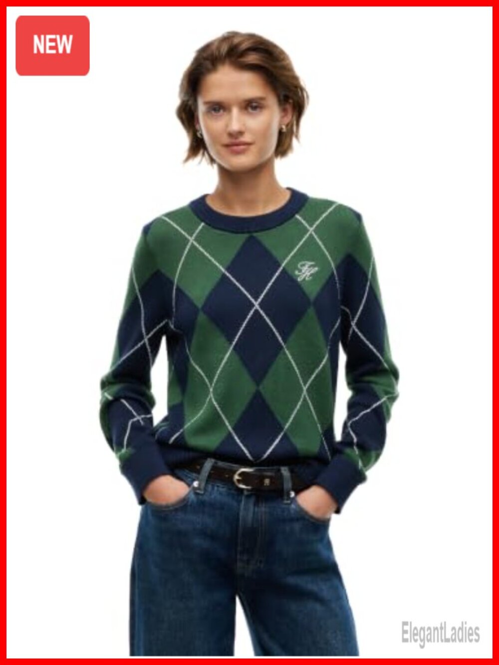 Long Sleeve Cotton Argyle Tartan Pullover Sweater Crewneck